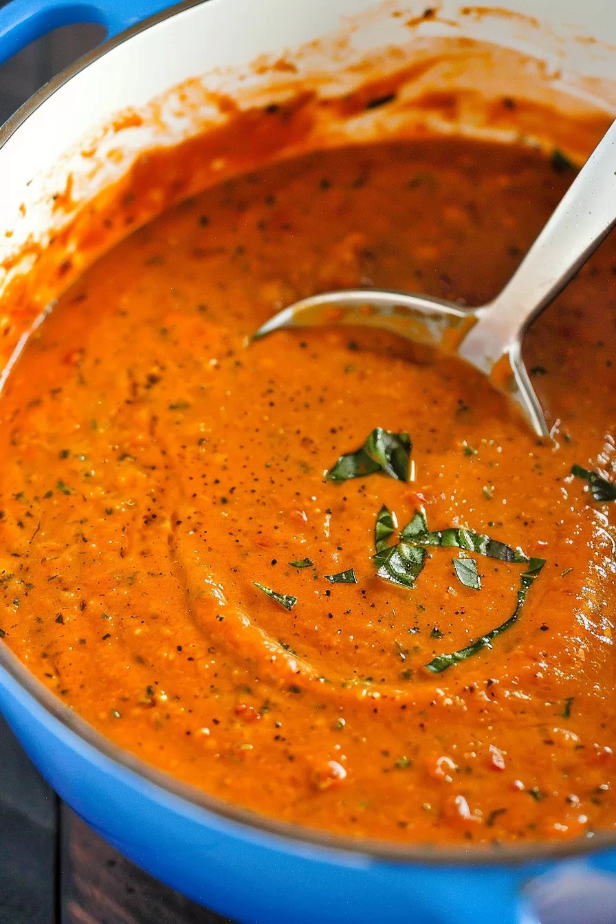 Close-up of smooth tomato soup with a drizzle of olive oil and basil garnish.