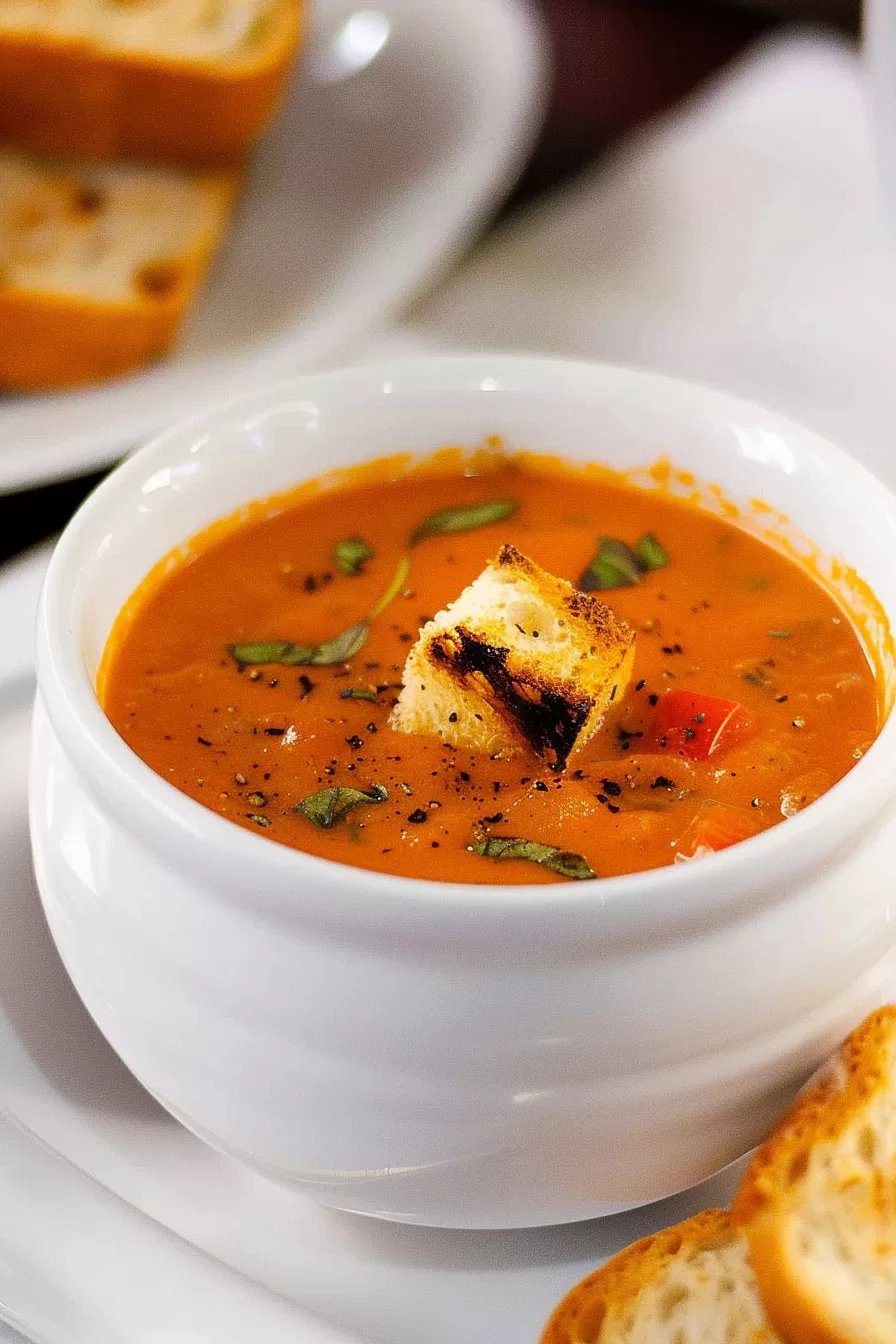 Rustic-style soup served in a ceramic bowl, with a side of crusty bread.