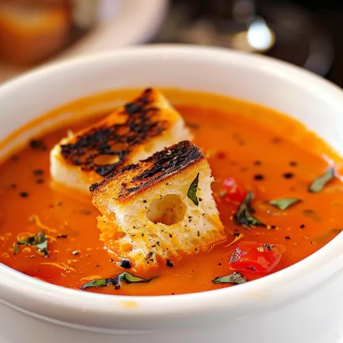 Vibrant soup with roasted tomatoes and a sprinkle of fresh herbs.