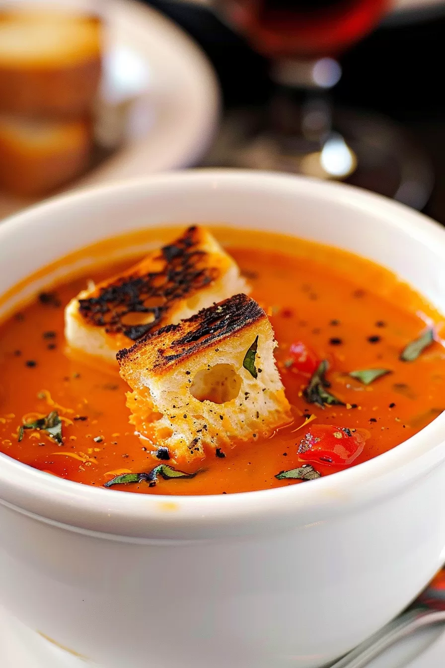 Vibrant soup with roasted tomatoes and a sprinkle of fresh herbs.