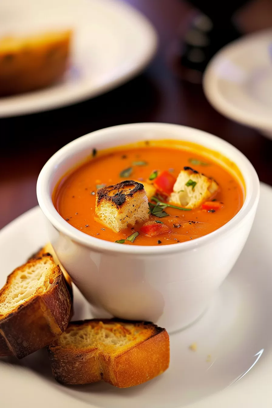 Bowl of warm, creamy tomato soup topped with fresh basil leaves.