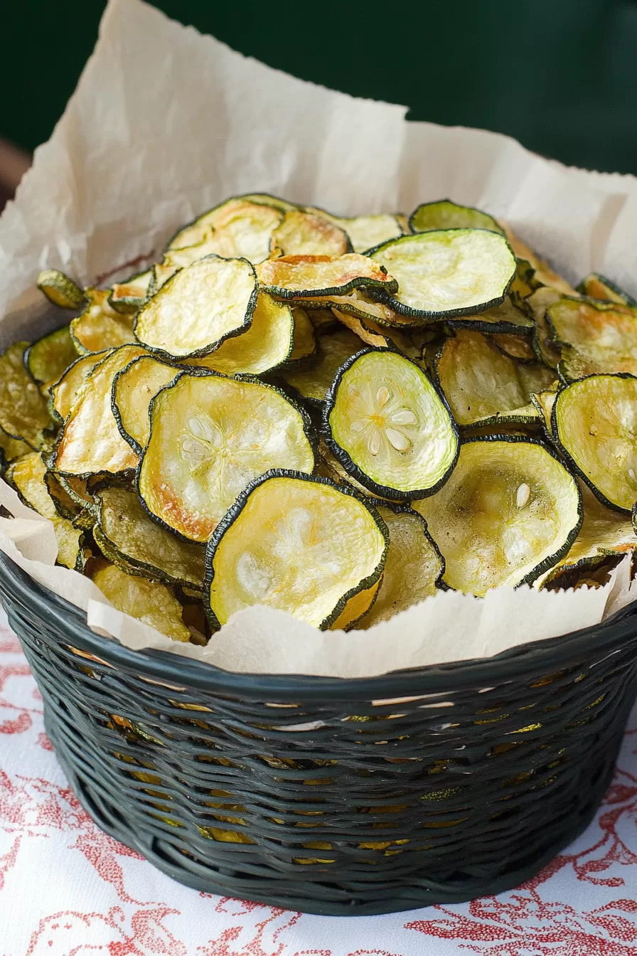 Crispy baked zucchini chips with a light golden color on a baking sheet.