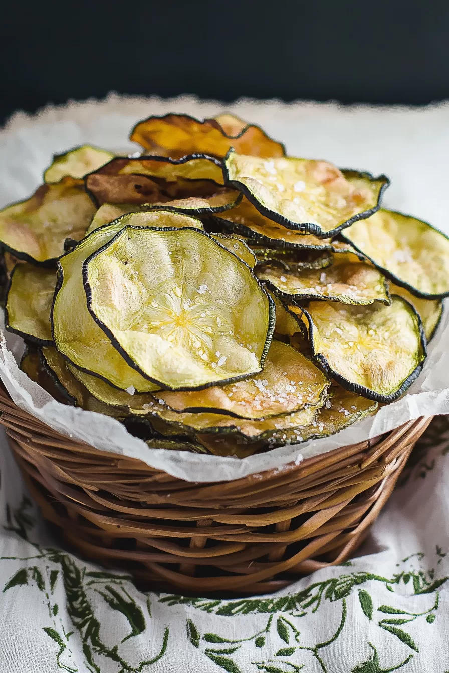 Close-up of thin, crunchy zucchini slices, perfectly seasoned and ready to enjoy.