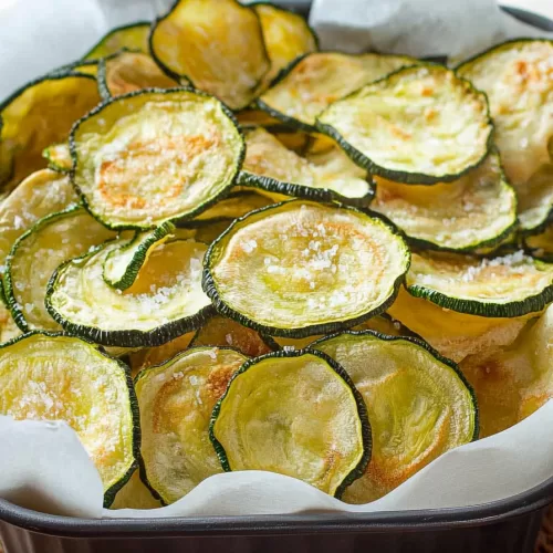 Zucchini chips with a hint of salt and tangy flavor, served on a rustic plate.