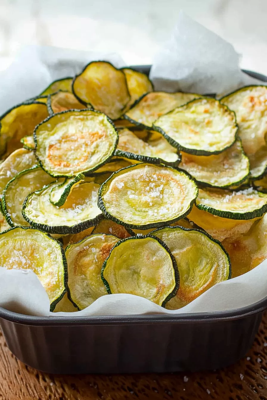 Zucchini chips with a hint of salt and tangy flavor, served on a rustic plate.