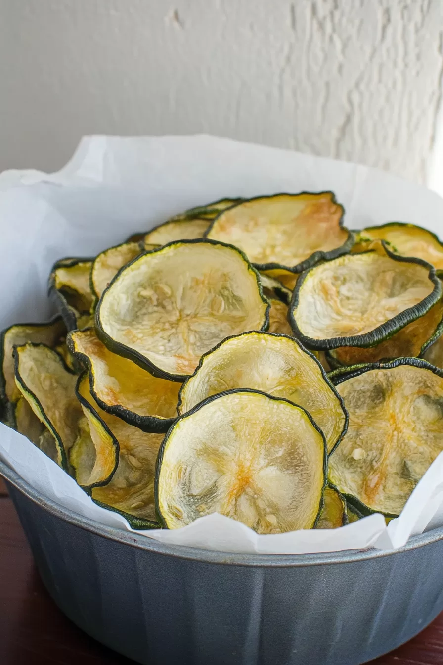 Thinly sliced, oven-baked zucchini chips with a light, crunchy texture.