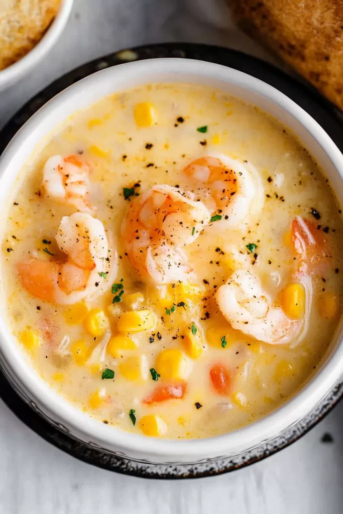 Close-up of a hearty shrimp and corn soup, showcasing plump shrimp and colorful ingredients.