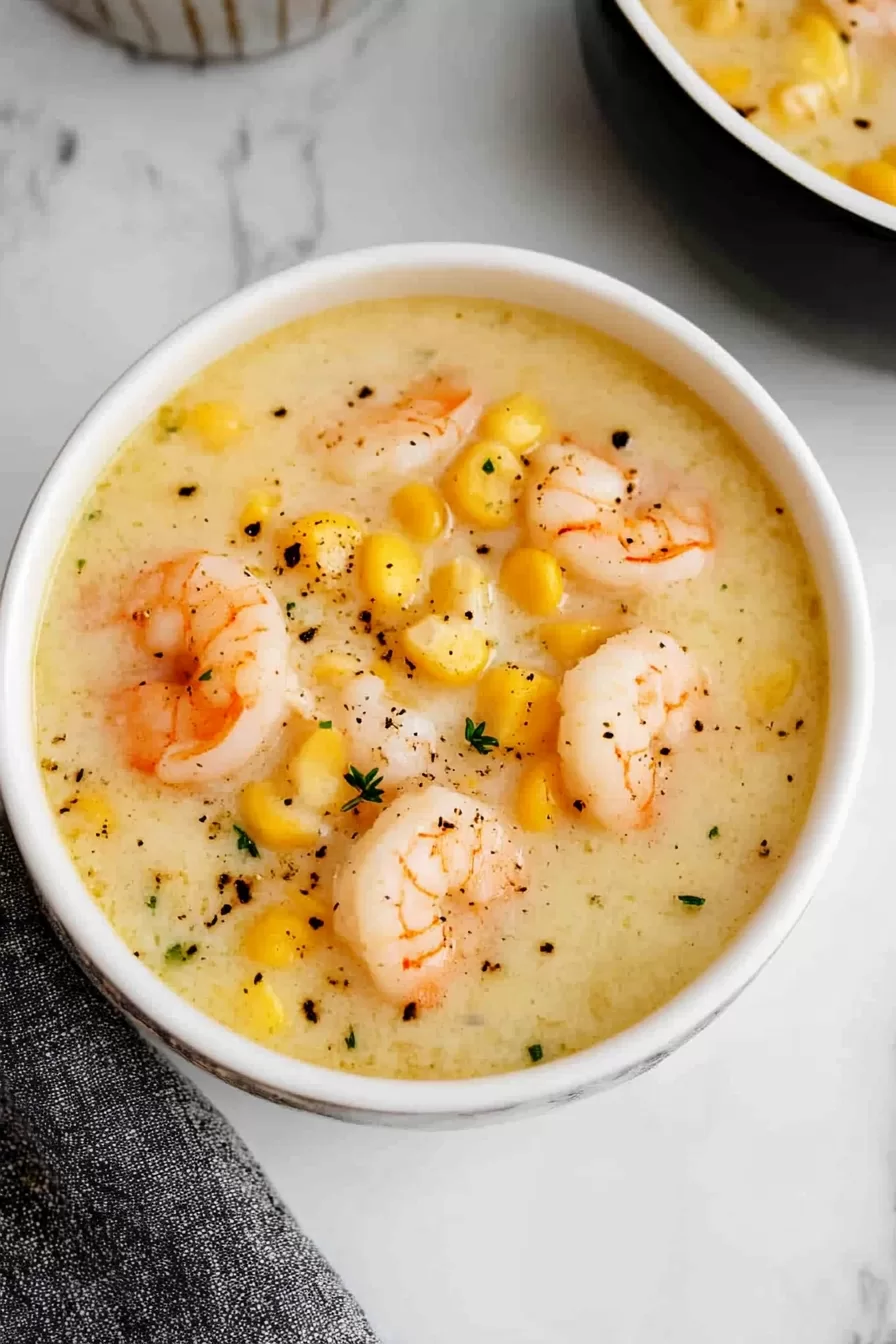 Warm, comforting chowder with tender shrimp and golden corn kernels in a rich broth.