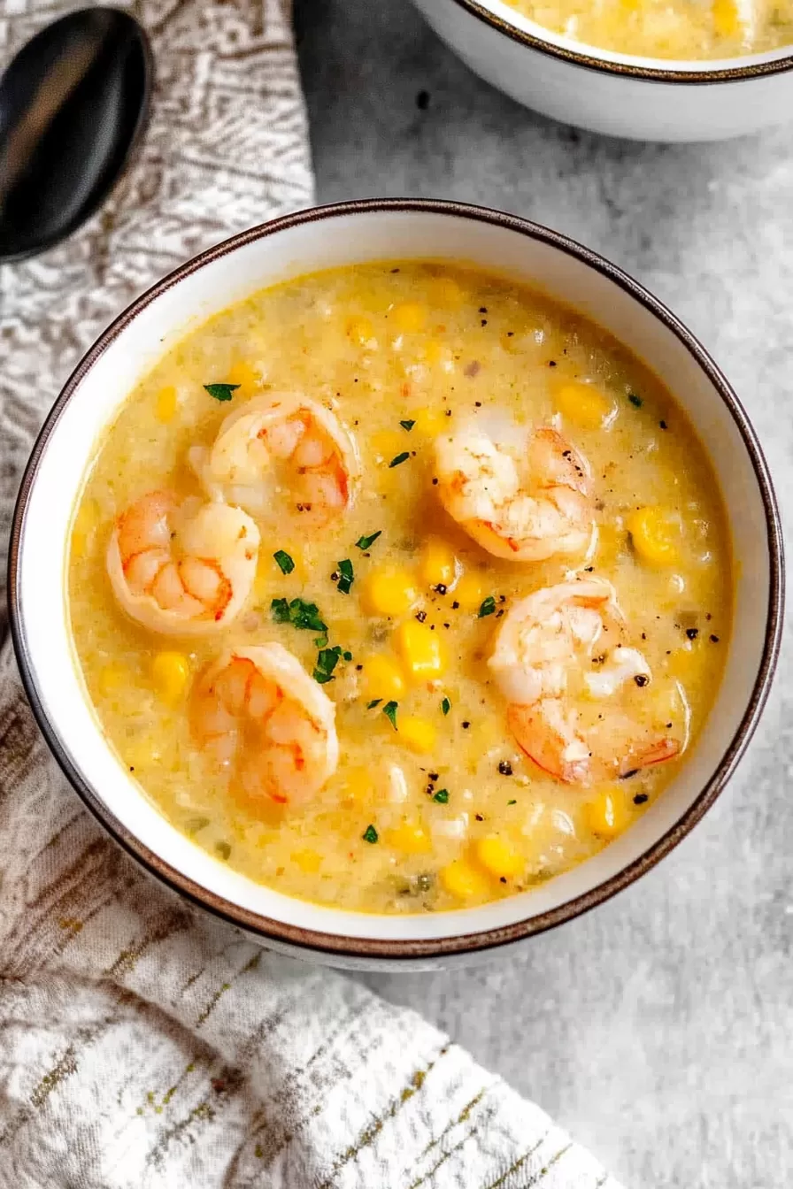 Top view of a bowl filled with creamy chowder, highlighting shrimp and sweet corn, perfect for a cozy meal.