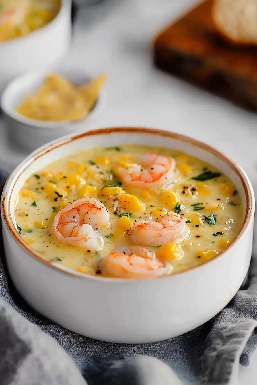 A creamy chowder displayed in a white bowl, with visible shrimp and corn kernels adding texture.