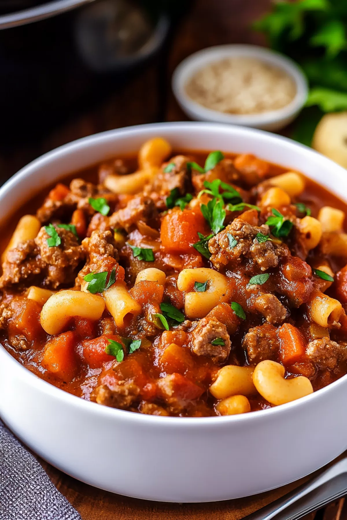 A hearty bowl of pasta with ground beef and tomatoes, garnished with fresh parsley.