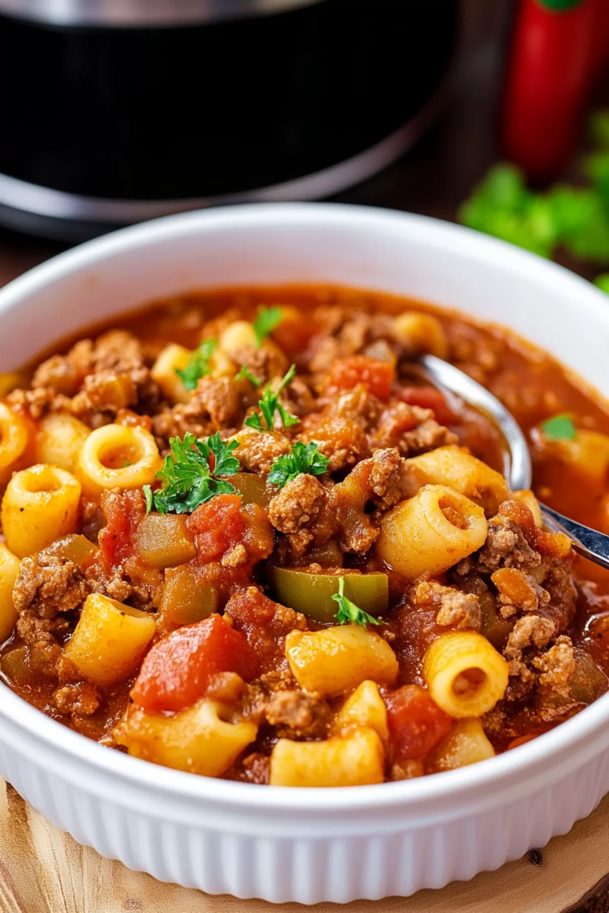 Close-up of a rich, meaty stew with elbow macaroni and a savory tomato sauce."