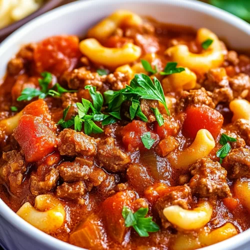 Serving of comforting goulash topped with melted cheese and a sprinkle of herbs.