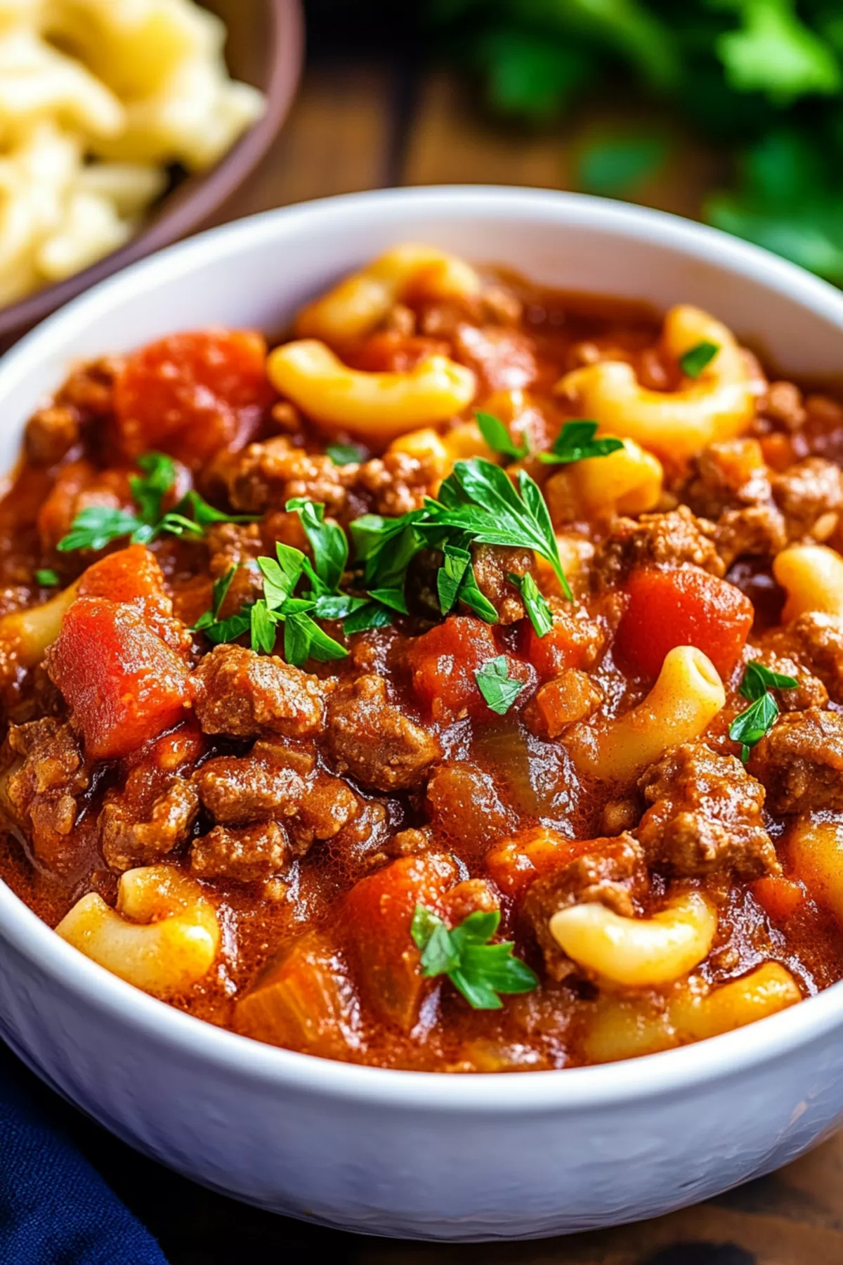 Serving of comforting goulash topped with melted cheese and a sprinkle of herbs.