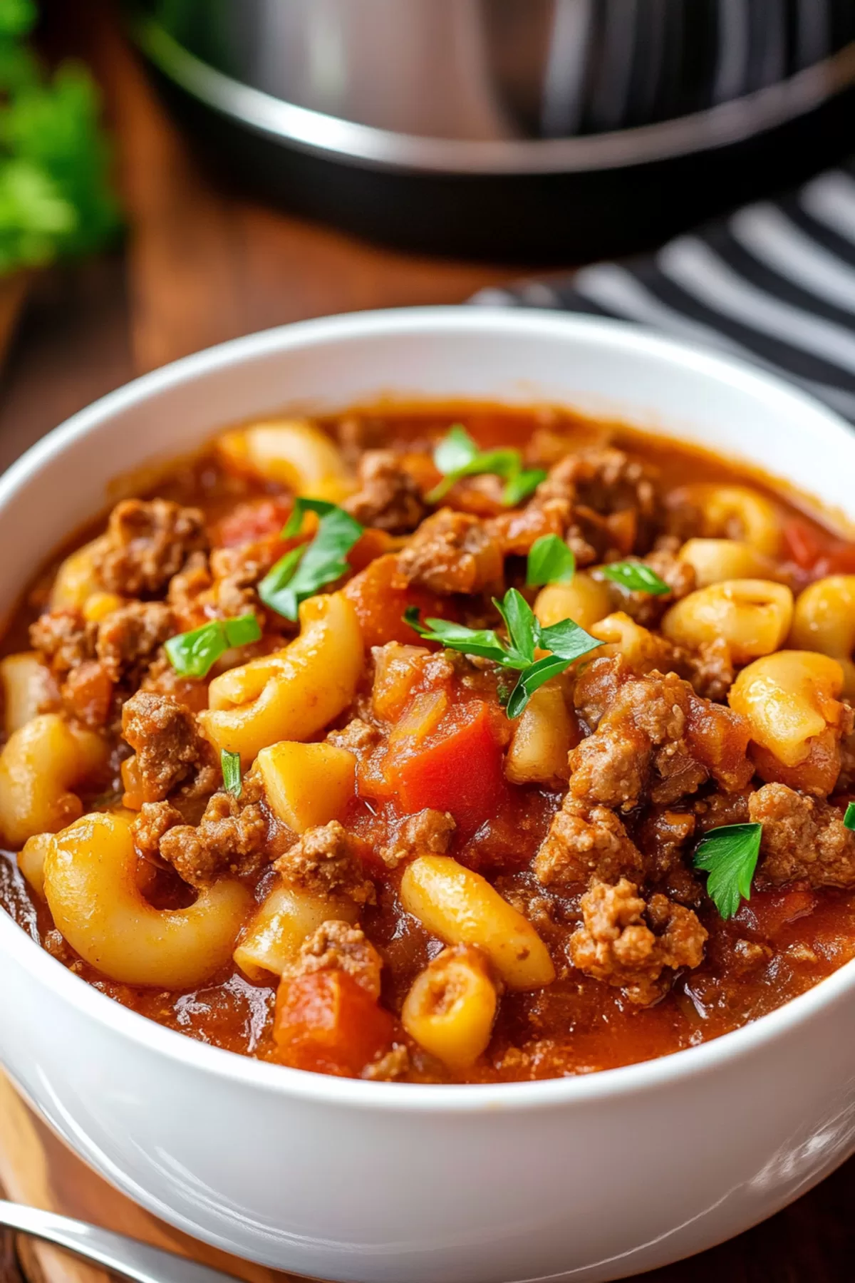 Warm, flavorful pasta dish featuring tender beef and a robust tomato base.