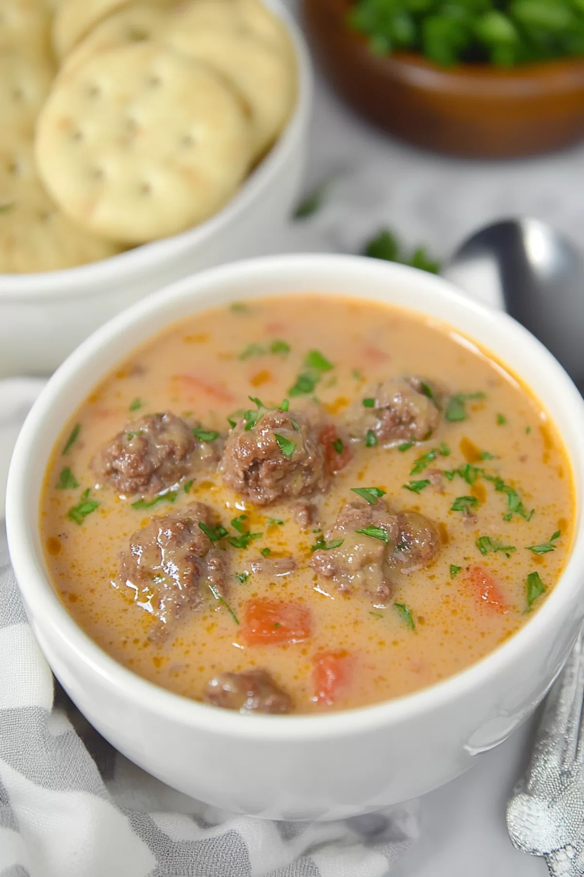 Rich, hearty soup in a bowl placed on a gray napkin, featuring colorful ingredients like tomatoes and herbs.