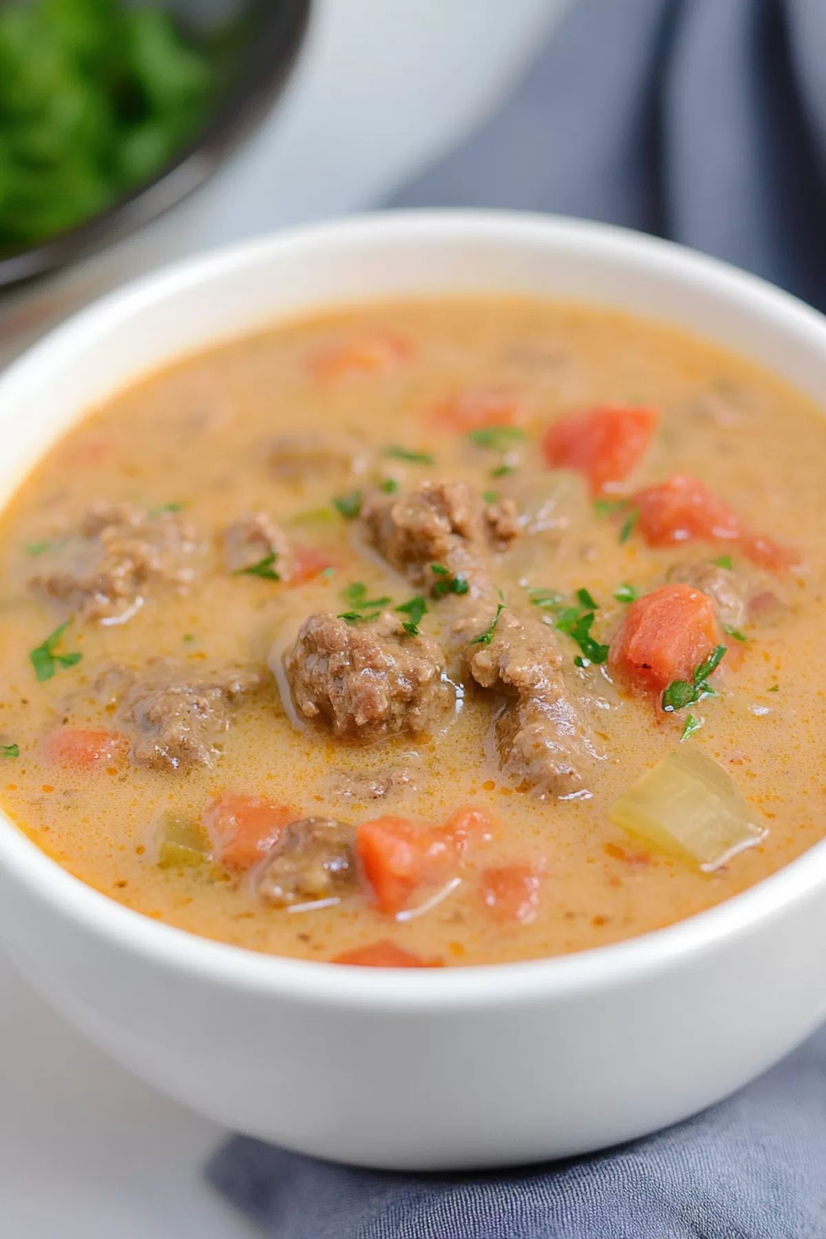 Close-up of a steaming bowl of rich, cheesy soup with ground beef and potatoes.