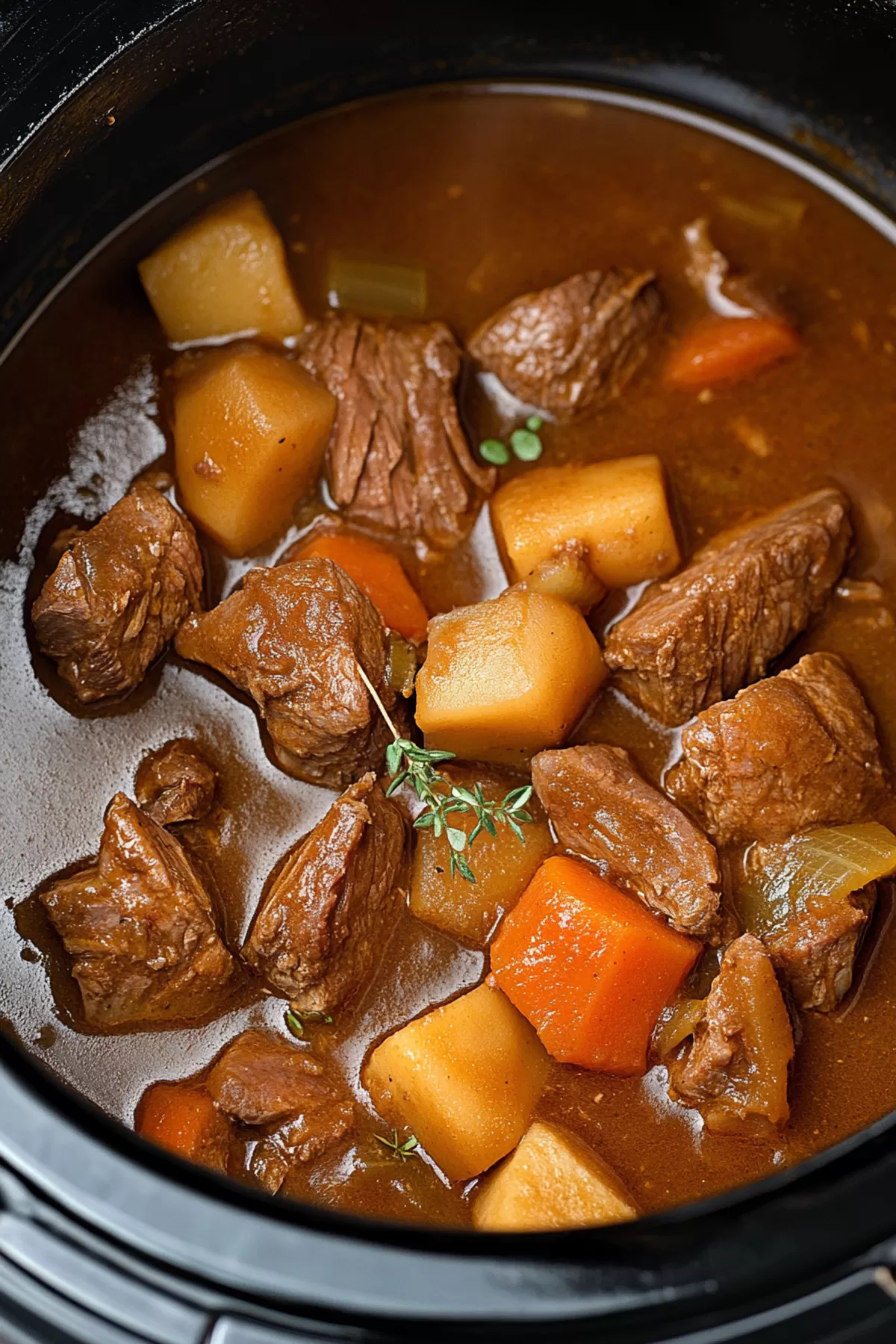 Close-up of a rustic stew served with crusty bread for dipping.