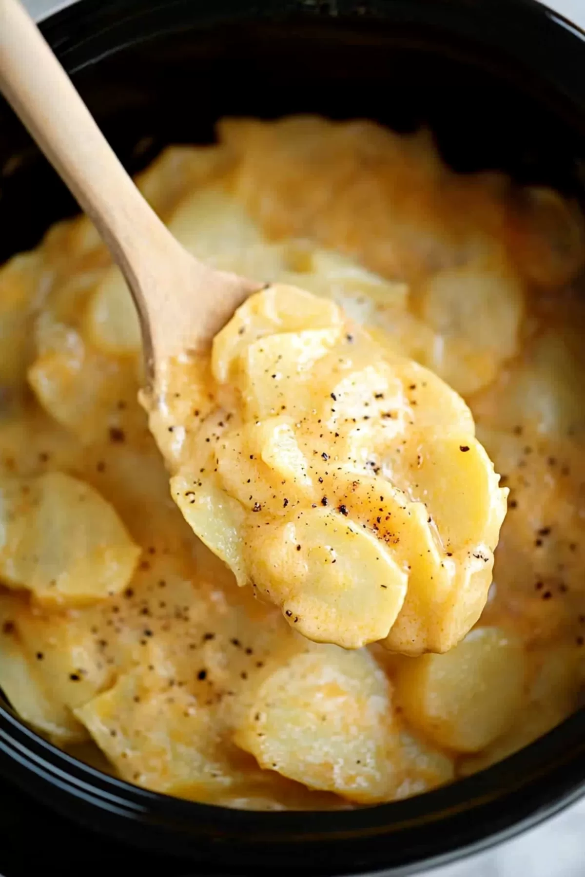 Close-up of golden, cheesy potatoes with a rich and velvety texture.