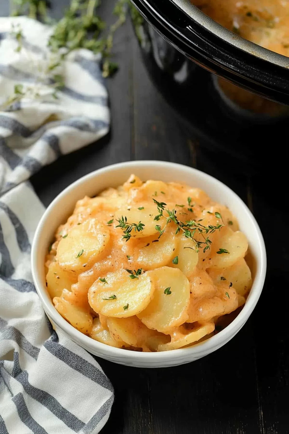 A comforting dish of thinly sliced potatoes smothered in a creamy cheese sauce.