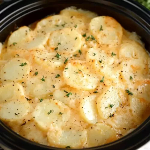 Potatoes layered in a slow cooker with bubbling cheese and crispy edges.