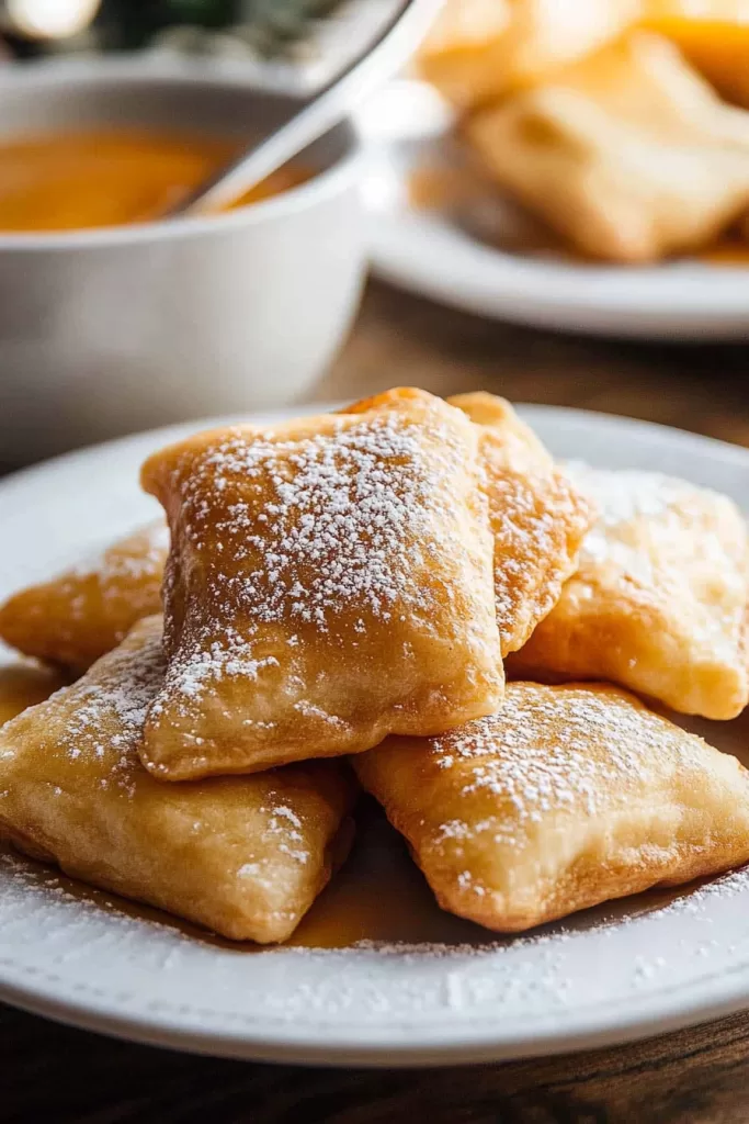 Freshly cooked pastries stacked on a plate with honey drizzled on the side.