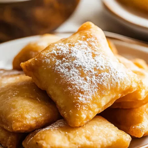 Close-up of golden fried pastries dusted lightly with powdered sugar.