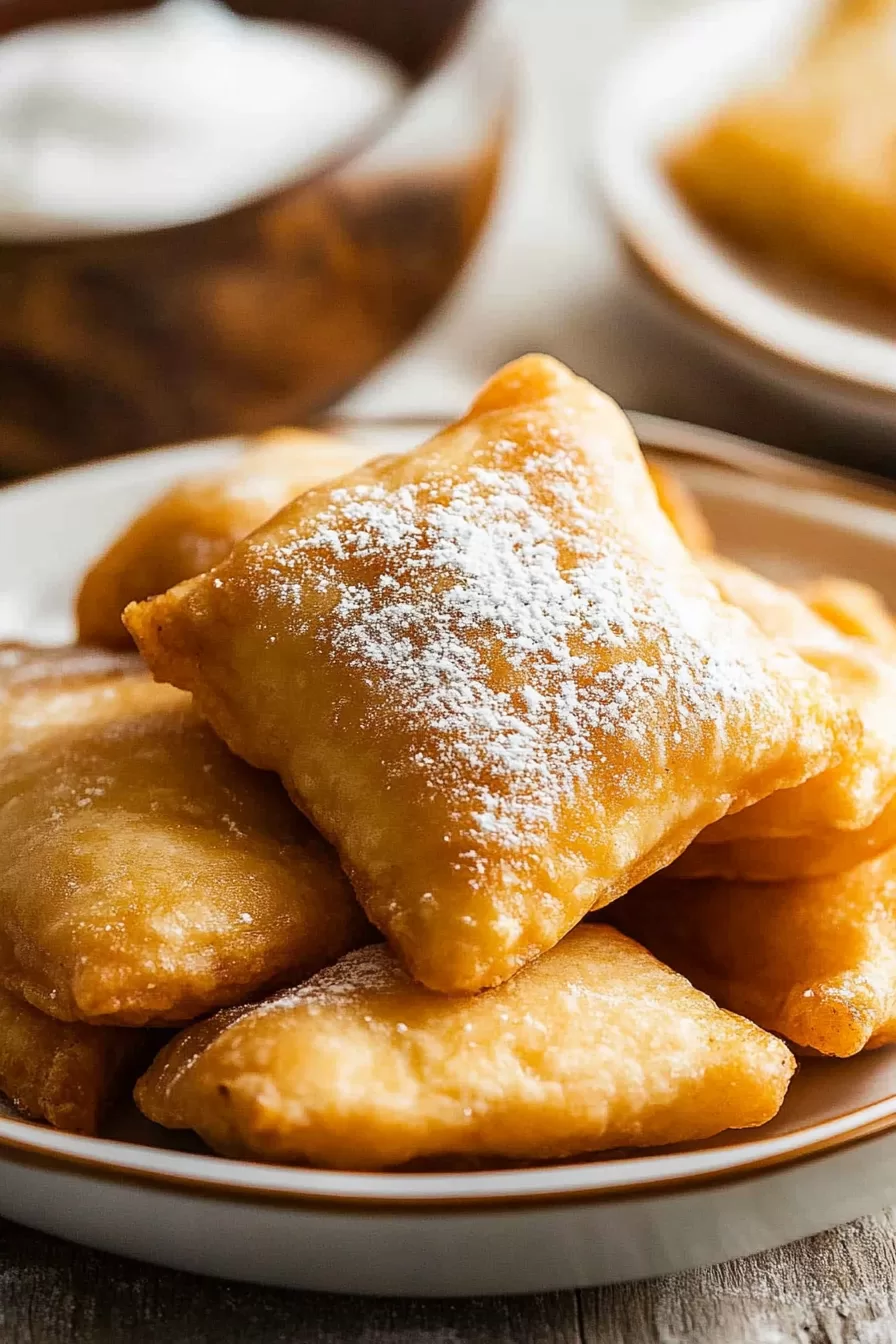 Close-up of golden fried pastries dusted lightly with powdered sugar.