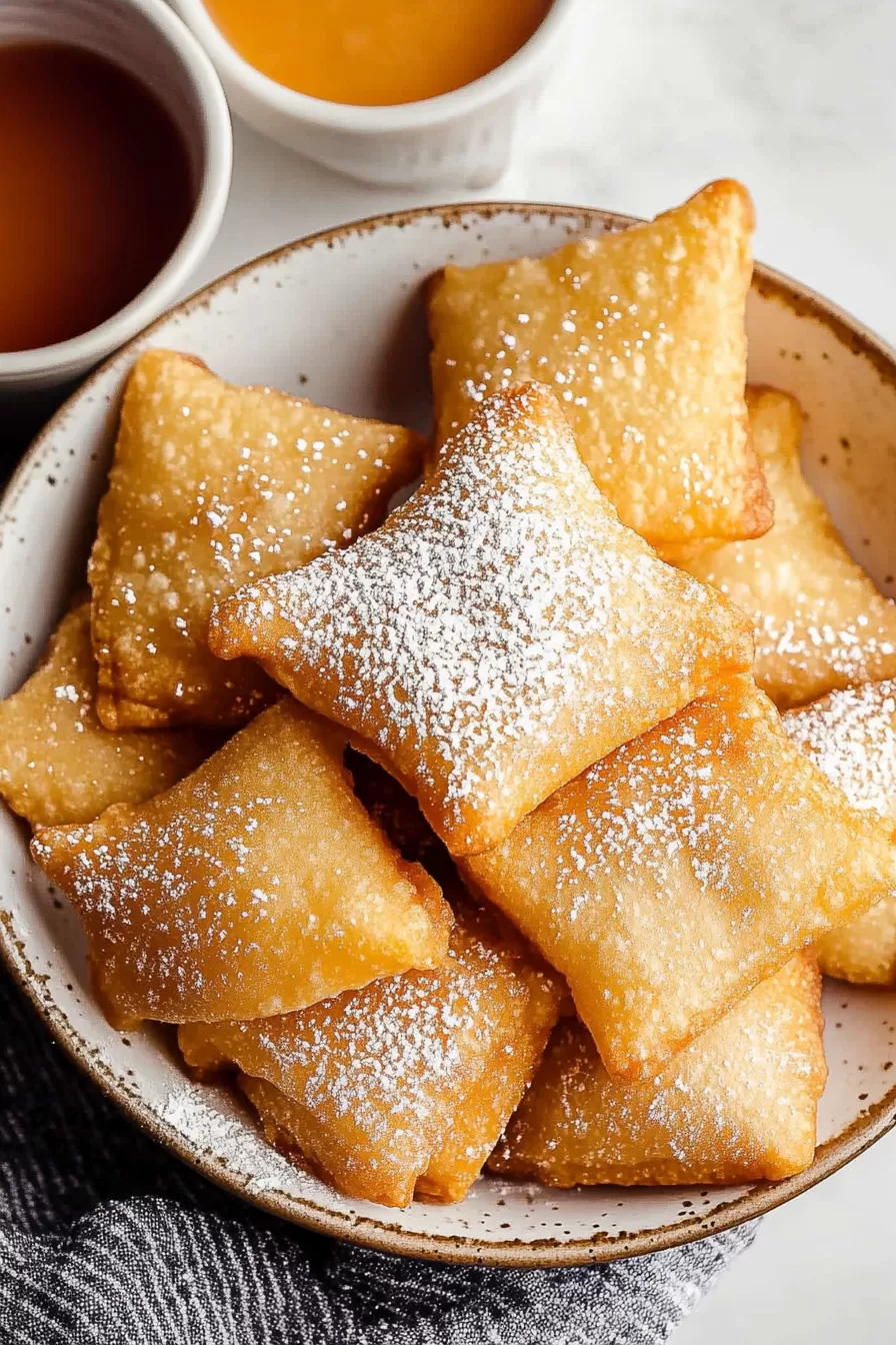 Sopaipillas on a rustic plate with a dipping bowl of honey in the background.