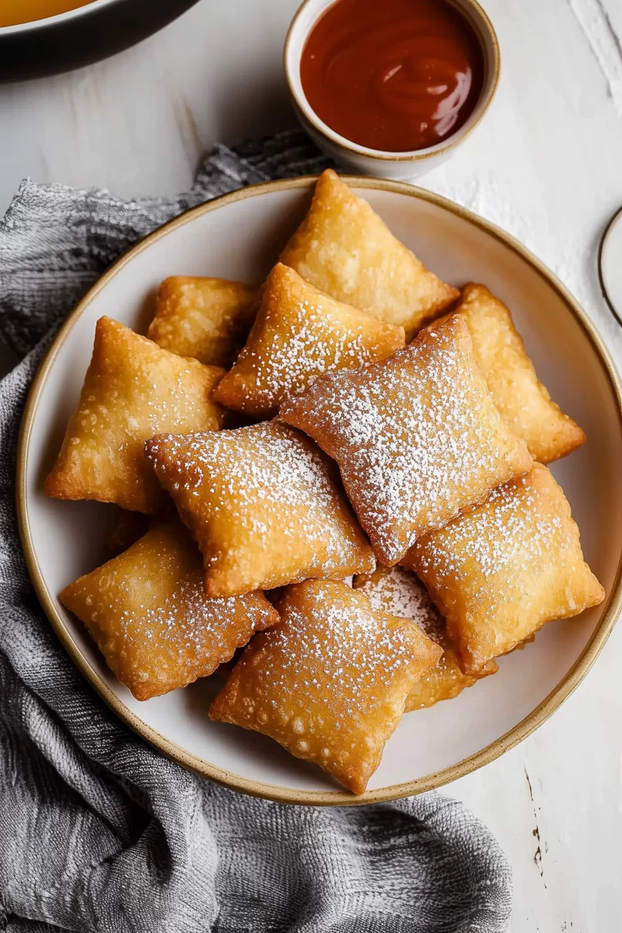 Plate of warm, puffy treats served with a light sprinkling of powdered sugar and honey.