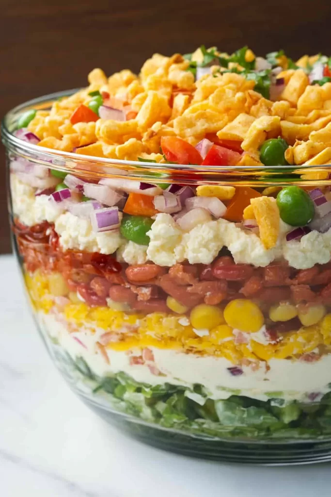 A vibrant layered salad with crumbled cornbread, fresh vegetables, and creamy dressing,