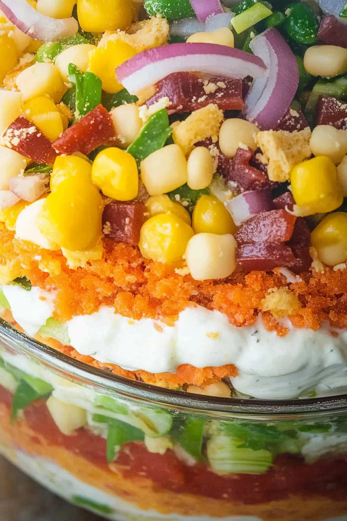 A hearty salad with layers of cornbread, crisp vegetables, and a drizzle of dressing.