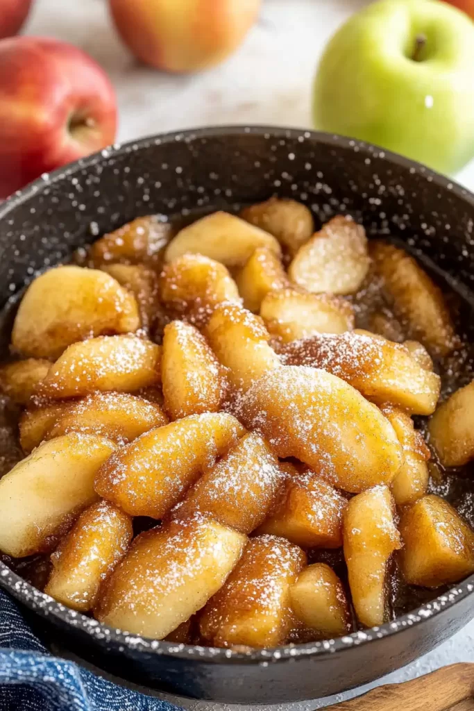 A comforting dish of cooked apple slices, perfect as a sweet side or dessert.