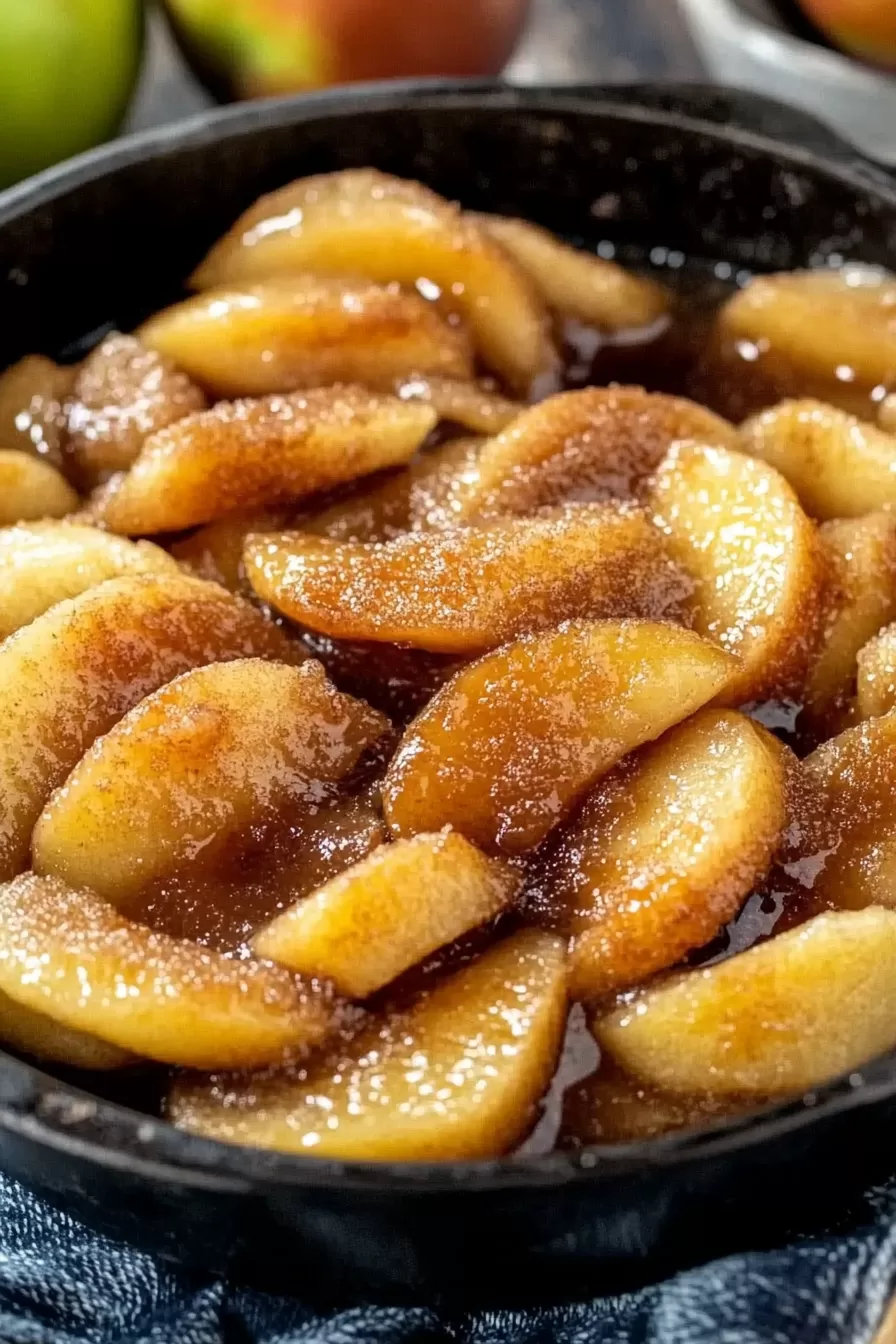 Close-up of soft, golden apple slices cooked to perfection with spices.