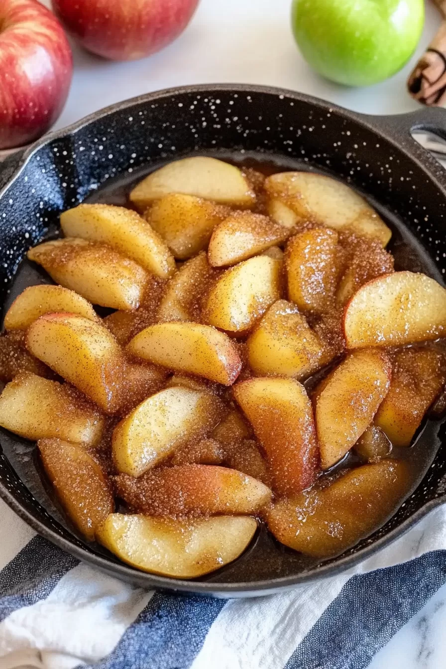 Warm skillet of tender, caramelized apples with a hint of cinnamon and sugar glaze.