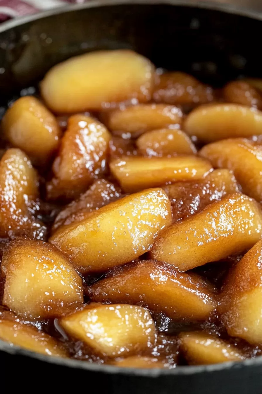 Rustic serving of spiced apples, glistening with a buttery, caramelized sauce.