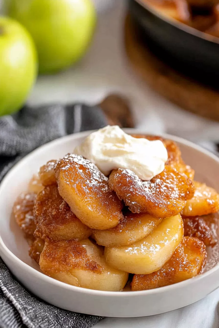 Bowl of sweet fried apples, showcasing the rich, syrupy glaze and warm spices.