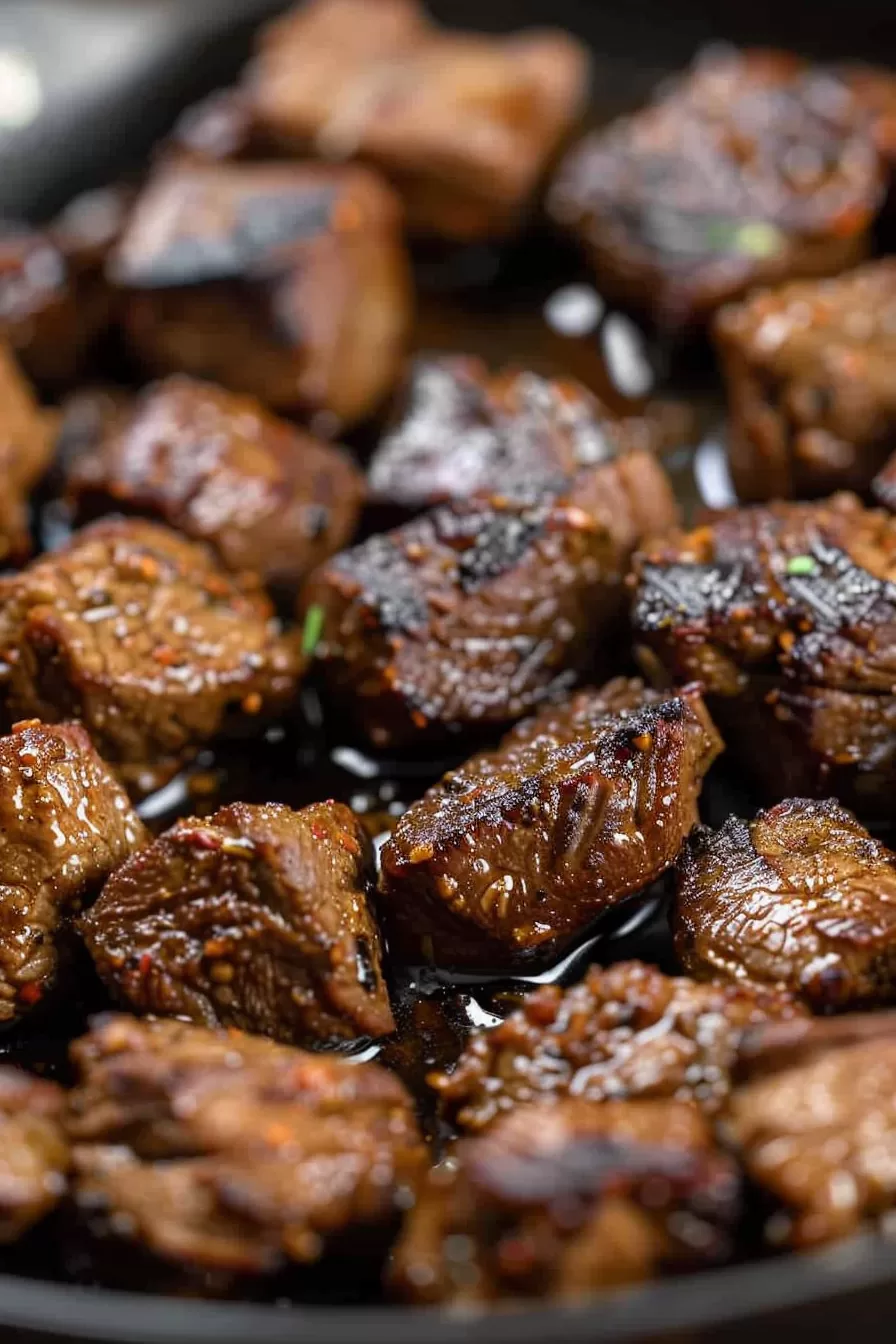 Tender, seasoned steak bites plated with a hint of char, capturing the bold spices and buttery texture.