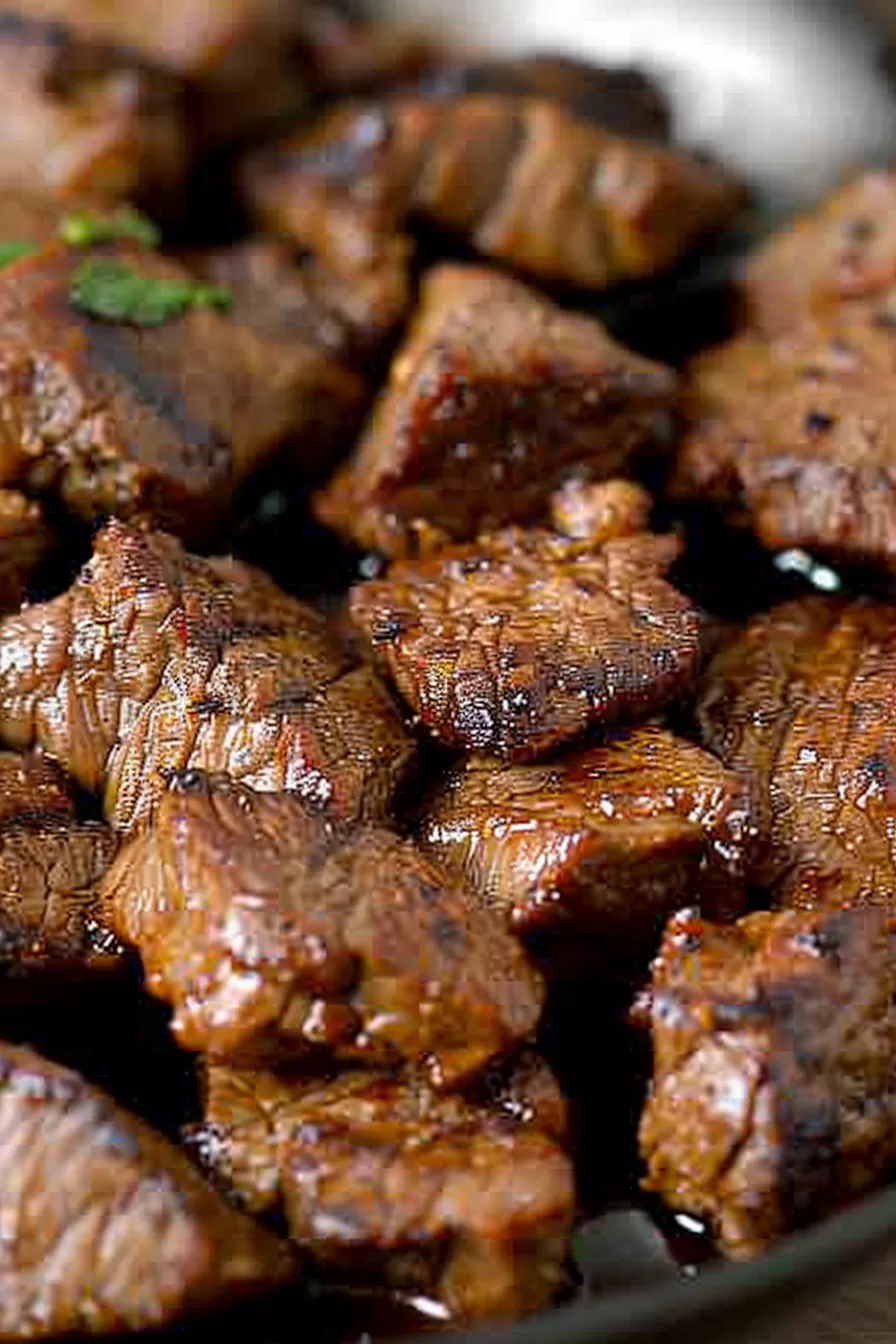 Overhead view of steak pieces coated in a Cajun-spiced butter sauce, creating a rich, glossy finish.