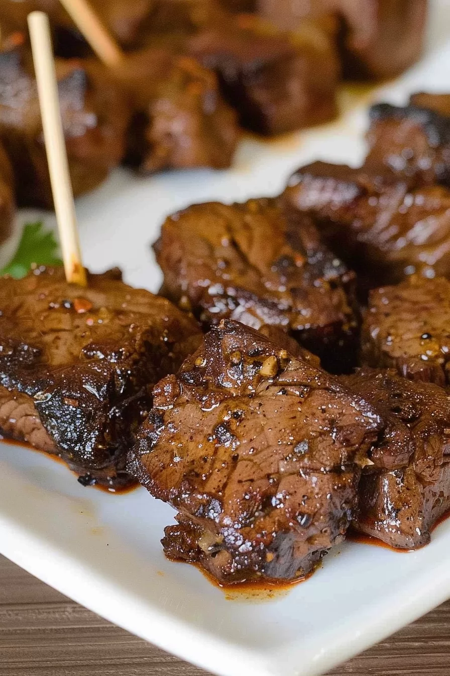 Juicy, bite-sized steak pieces coated in a spicy butter sauce, served in a skillet.