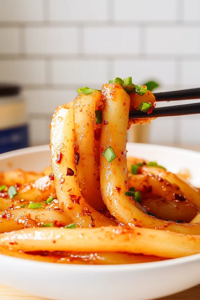 Chopsticks holding up saucy, spicy noodles with a sprinkle of sesame seeds.