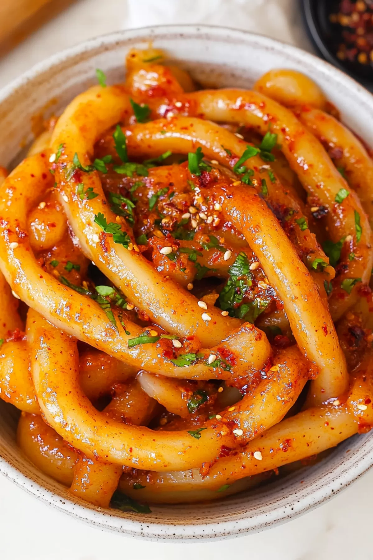 Close-up of tender noodles tossed with red chili flakes and herbs for an extra kick.