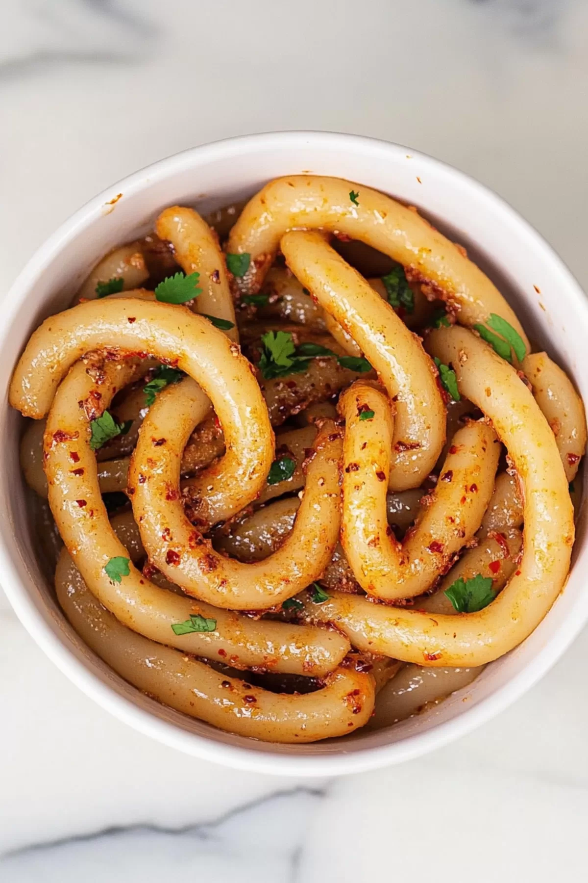 A bowl of stir-fried noodles coated in a rich, spicy sauce and garnished with green onions.