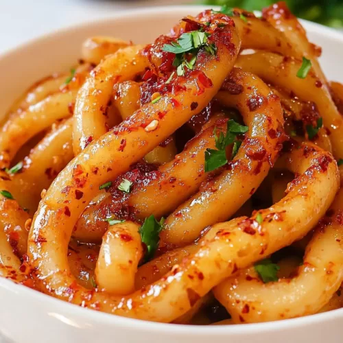 A serving of flavorful noodles with a vibrant, spicy glaze, perfect for a hearty meal.