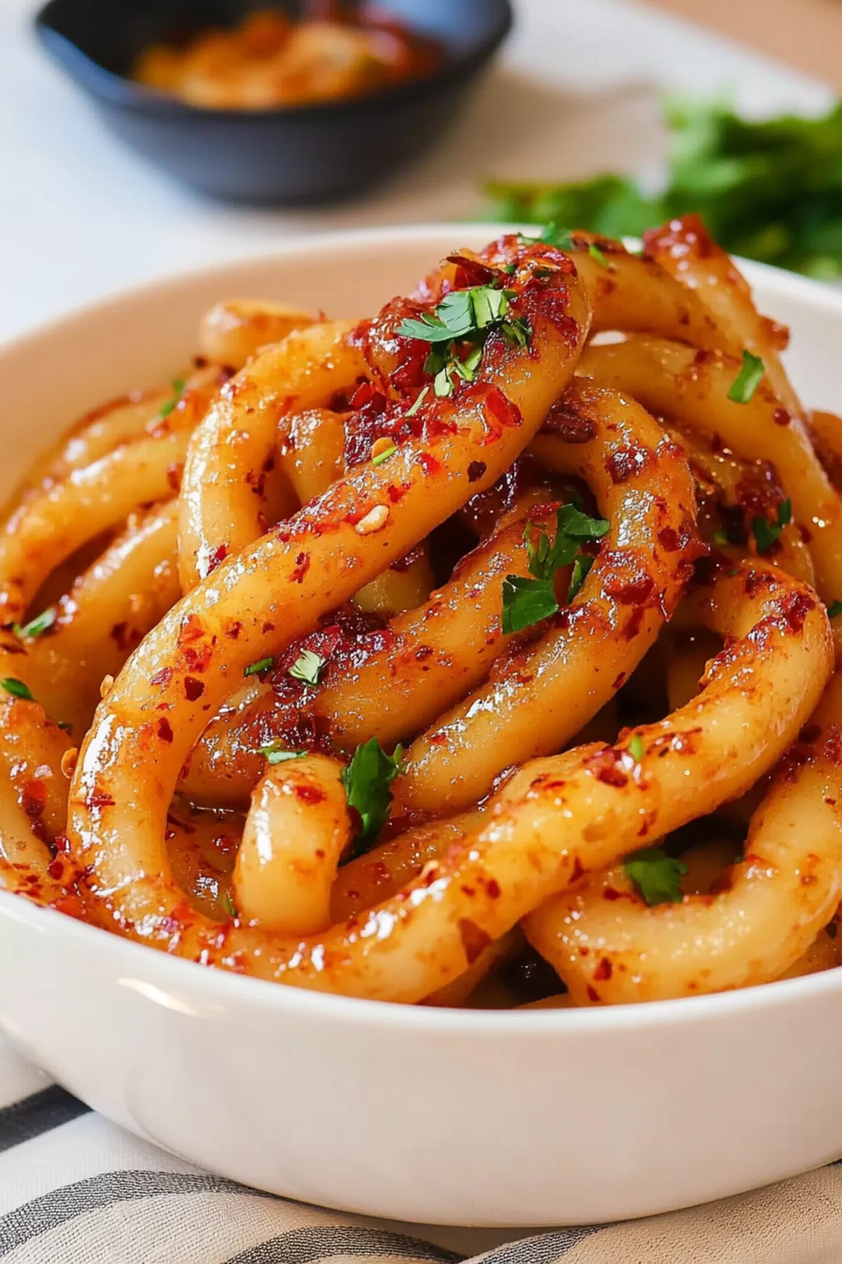 A serving of flavorful noodles with a vibrant, spicy glaze, perfect for a hearty meal.