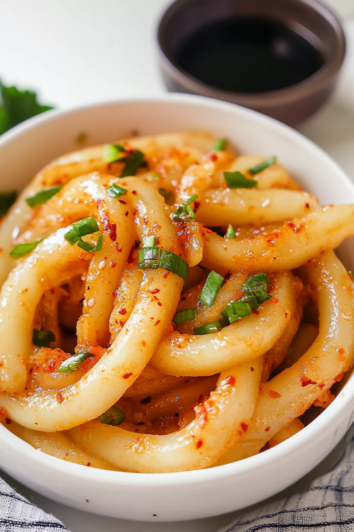 Plate of savory noodles in a spicy sauce, topped with fresh cilantro and sliced peppers.