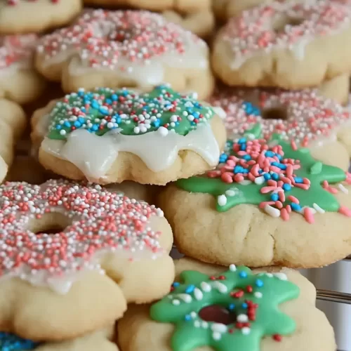 Close-up of beautifully frosted cookies, highlighting their intricate textures and festive colors