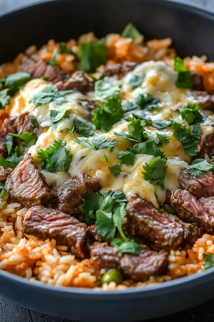 A hearty serving of rice topped with tender steak slices and drizzled with creamy queso sauce.