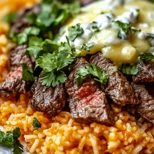 A dinner plate showcasing a satisfying combination of steak, rice, and creamy sauce.