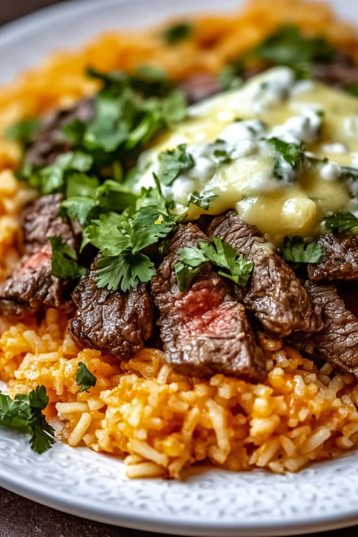 A dinner plate showcasing a satisfying combination of steak, rice, and creamy sauce.